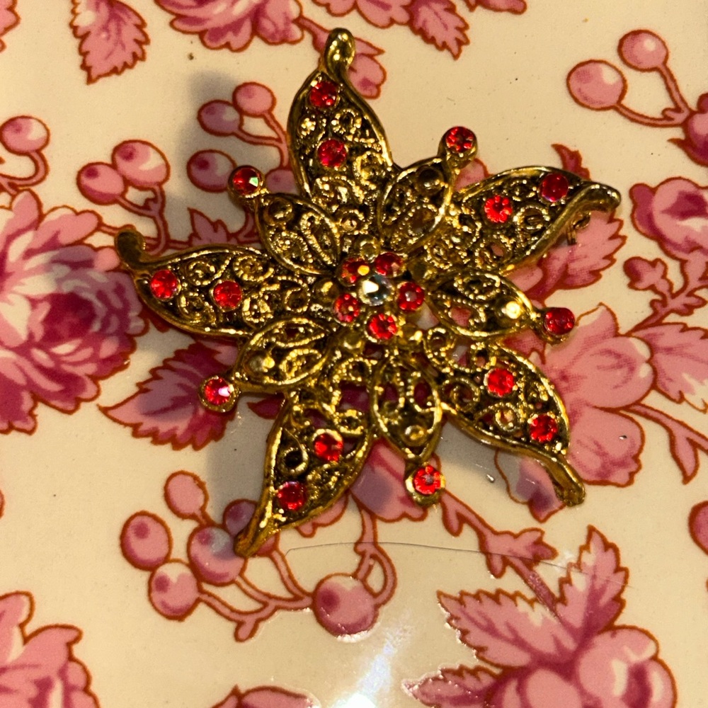 Elegant Gold and Red Floral Brooch